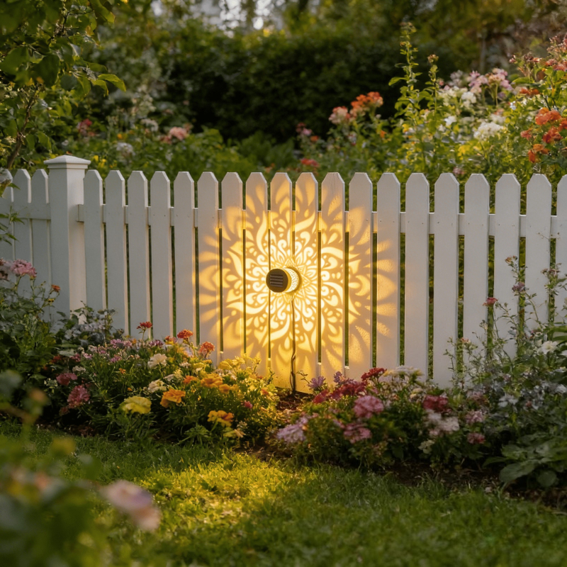 E-shop Mandala Licht, Solar Zaunleuchte Outdoor Projektions Wandlampe, Farbenfrohes Mandala Thema Solarleuchte, Geeignet für Garten, Terrasse und