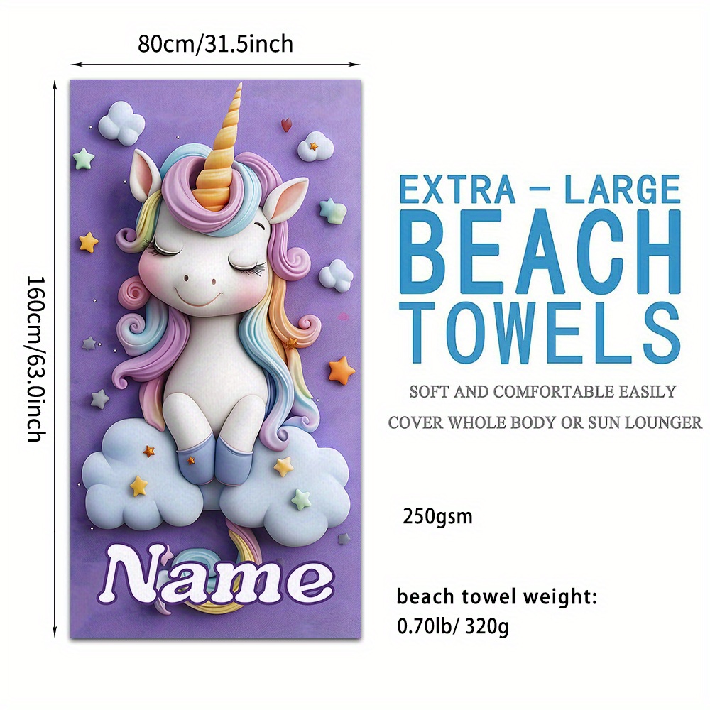 TEMU 1pc Custom Name Beach Towel, Cute Unicorn Pattern, Microfiber, Soft, Absorbent, Lightweight, Quick- & Super Absorbent, Summer Beach Blanket,