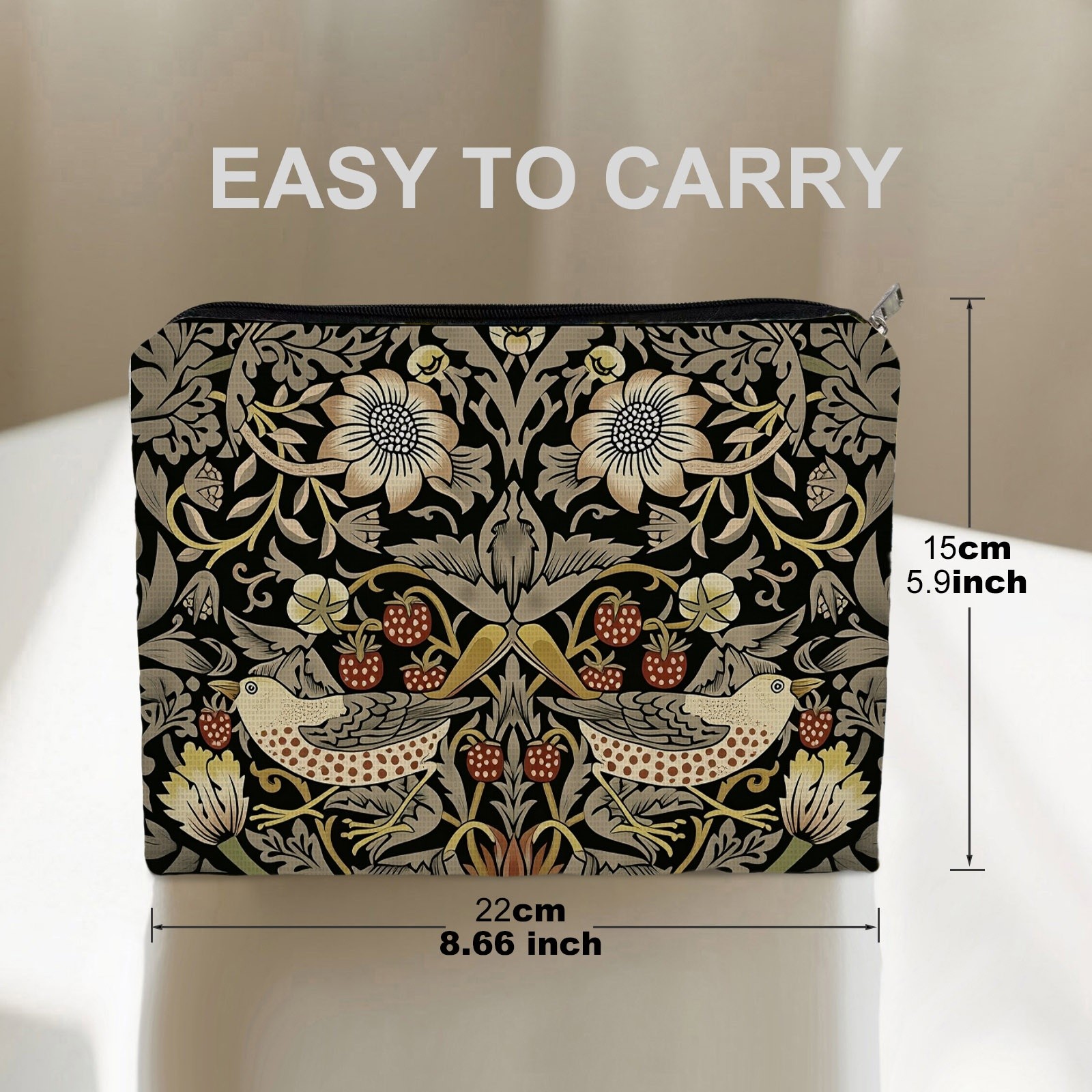 TEMU William Style Floral Bird Print Makeup Bag, Double-sided Polyester Toiletry Pouch 5.9in*8.66in, Portable Storage Organizer For Daily Beauty