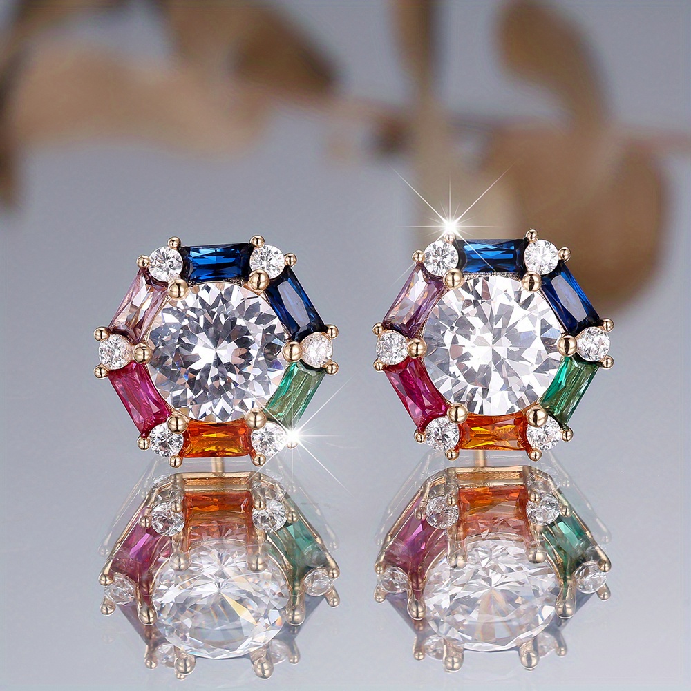 1 Pair Exquisite Square Rainbow Synthetic Zirconia Stud Earrings Elegant Vintage Style Gift For Women'/date Wear