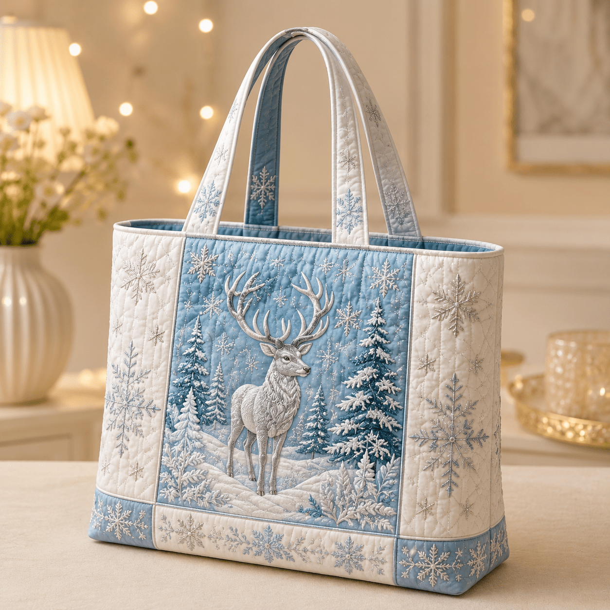 TEMU 17 X 15 Inch Quilted Tote Bag For Women, Icy Blue Reindeer Snow Forest Tote With Snowflake Embroidery, Soft Handheld Bag, Large Capacity School