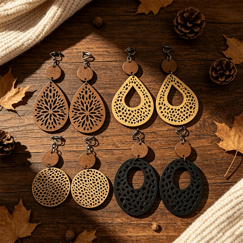 TEMU 4 Pairs Autumn Winter Ear Clips, Retro Bohemian Style, Hollow Water Drop Oval Geometric Wooden Earrings, Autumn Winter No-piercing Earrings,