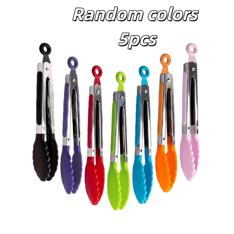 Image of 5pcs Black Color, Purple Color And Random Colors, Stainless Steel Food Tongs With Handles - Bbq, Steak, Buffet, Outdoor Cooking, And Carry, Halloween And Christmas Gifts