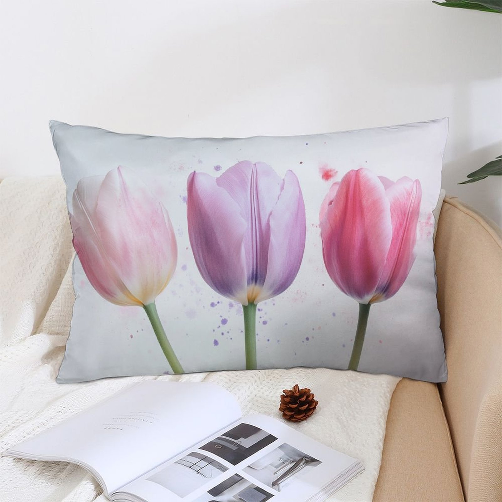 

1pc Style Plush Throw Pillow Cover, 12x20 Inch, Pastel Tulips Print, Soft Cozy Polyester Cushion Case With Zipper Closure, Machine Washable, Decorative Pillowcase For Decor