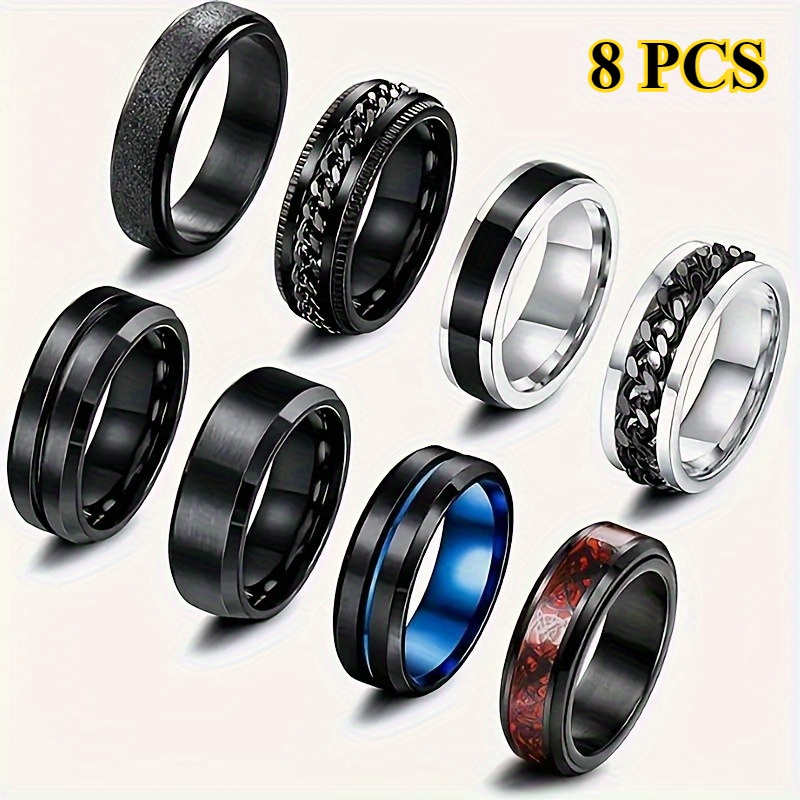 8pcs mens 201 stainless steel ring set retro style rotating decompression ring wedding and engagement ring Product details 0