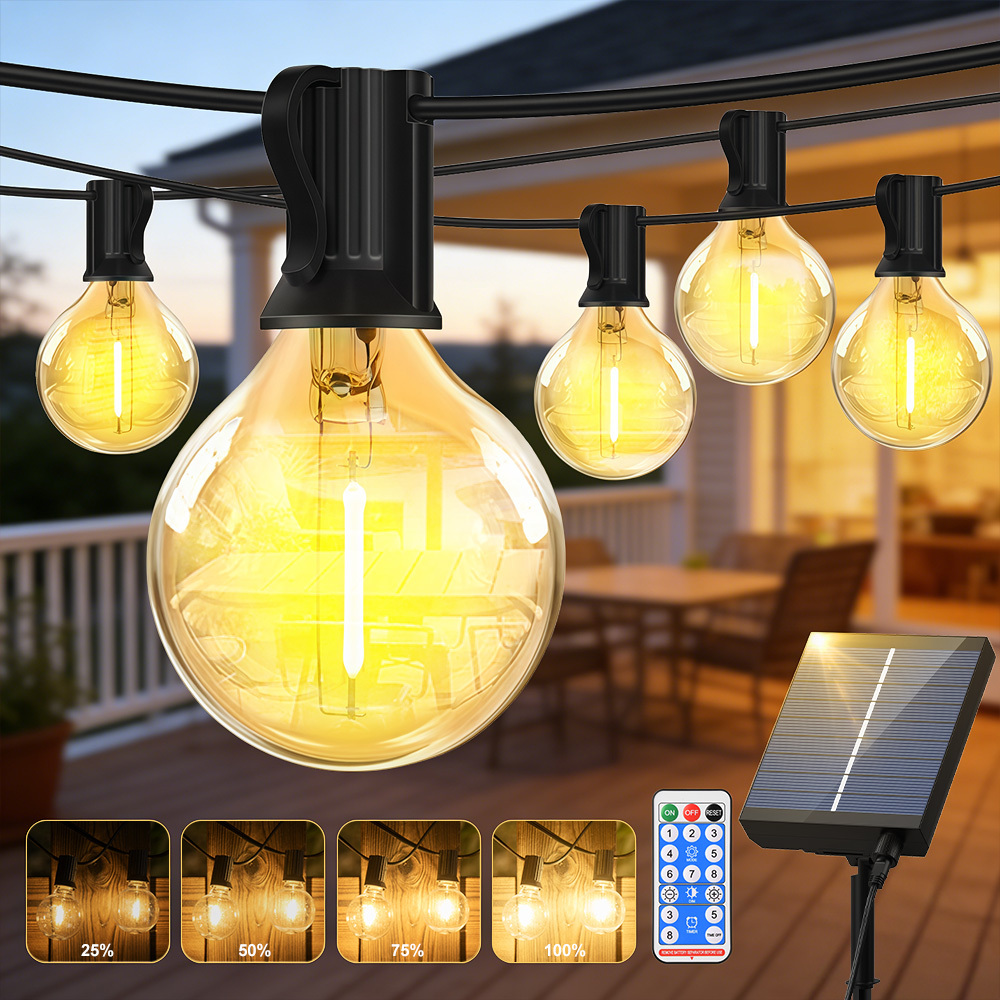 G40 Solar String Lights Outdoor, 30.49m/20.13m/15.25m, 8-mode Remote Control (/fade/flash) & Timer, Shatterproof Led Bulbs, Solar&usb Dual Charging, For Yard, Wedding Party, Patio, Camping