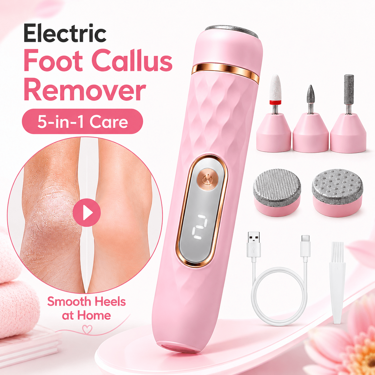 TEMU Ponceuse électrique pour pieds 5 en 1, appareil de retrait rechargeable par USB avec têtes grossières et fines pour hommes et femmes