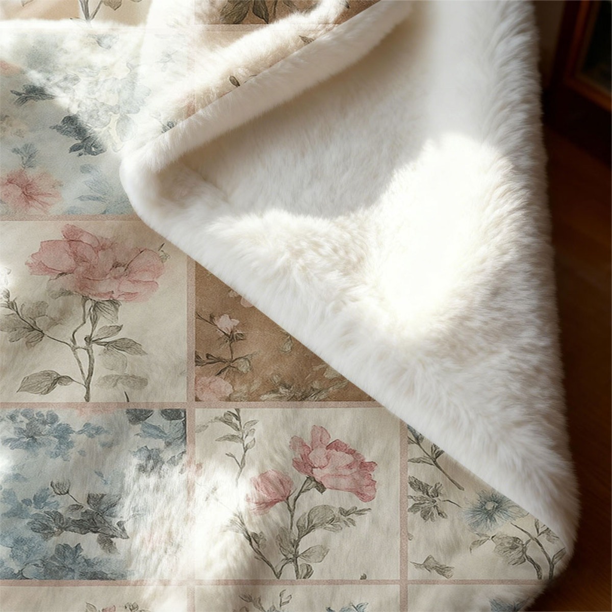 1 manta suave con diseño floral patchwork que presenta un diseño pastel en tonos de rosa, azul, beige, marrón, blanco y verde. Ideal para todas las estaciones, esta manta ligera y de fácil cuidado es perfecta para tu cama, sofá o sala de estar