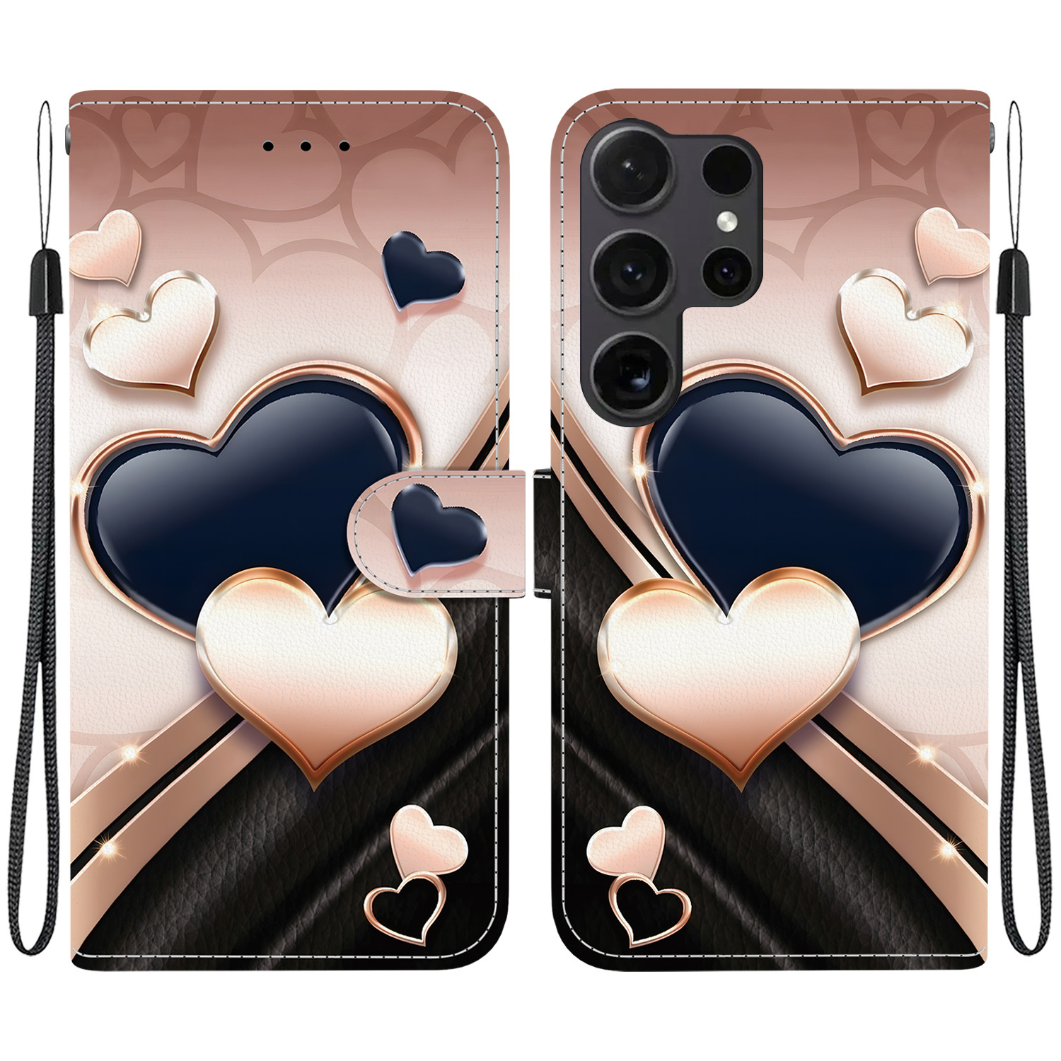TEMU Phone Case: -patterned Black And White Heart Flip Phone Case With Heart-shaped Magnetic Snap Closure, Wallet Case With 3 Card Slots,