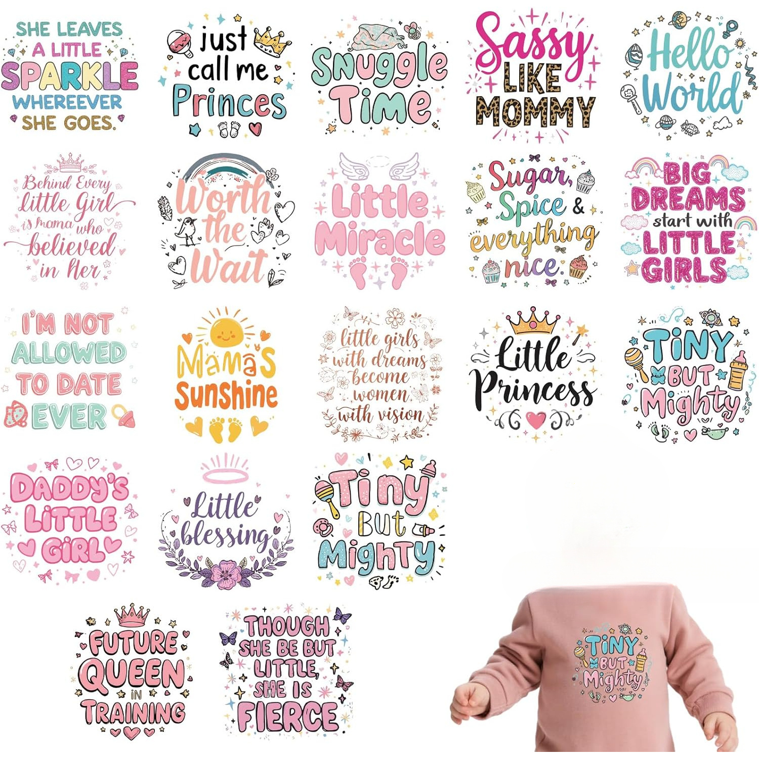 TEMU Dtf Transfers Ready To Press- 20pcs Shower Iron On Patches For Bibs Bodysuit, Pink Saying Iron On Stickers Cute Heat Transfer Vinyl Decals For