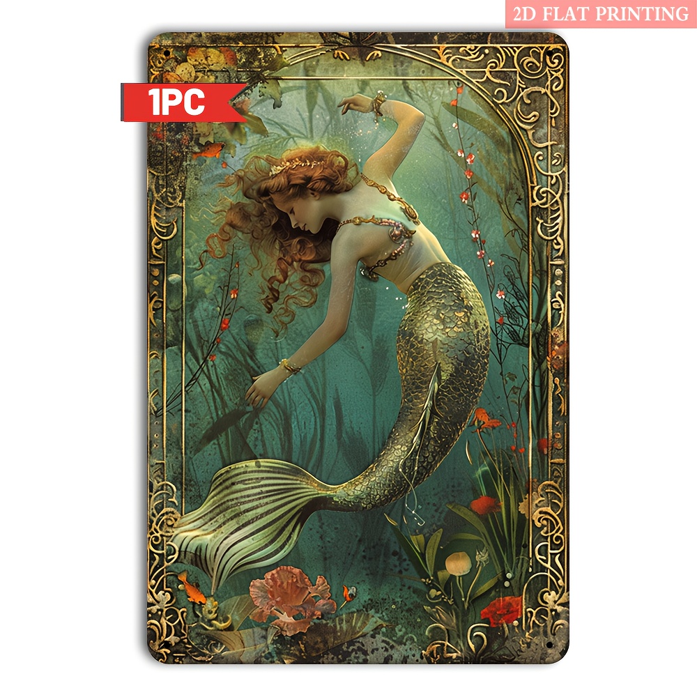 TEMU 2d Flat, 1pc Mermaid Girl Vintage Metal Tin Sign - 8x12 Inch Retro Wall Art With Intricate Underwater Scene, Golden- Iron For Home Decor For