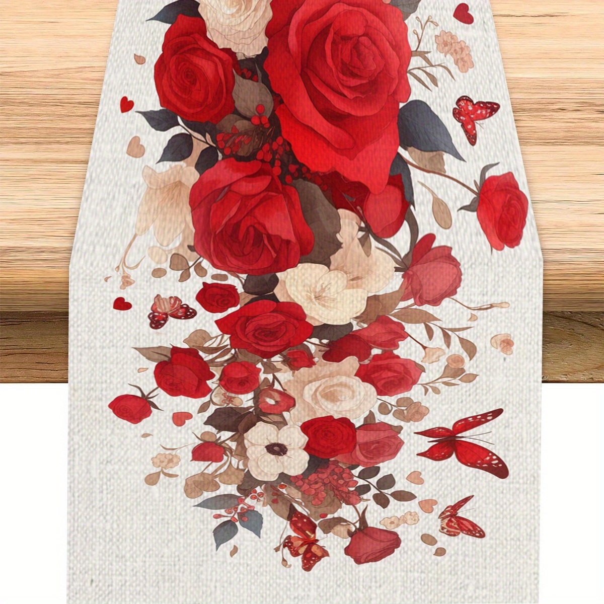 

Elegant Floral Table Runner With Red Roses And Butterflies Design, 100% Polyester, Woven Square Table Decor, For Dining, Coffee Table, Kitchen, And Bedroom, Love-themed Home Decoration