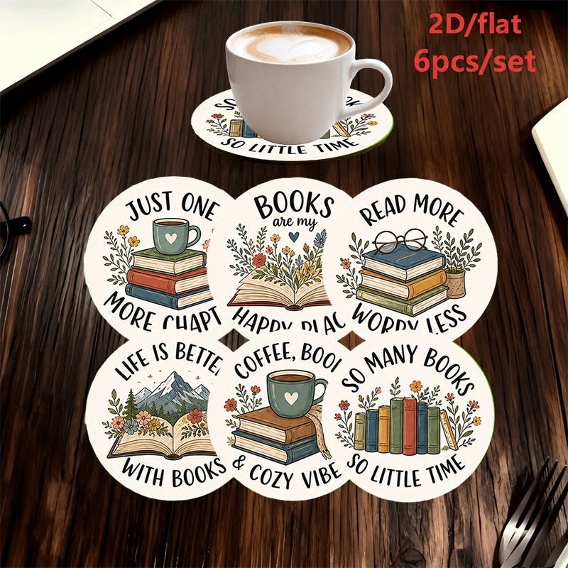TEMU 6pcs Wood Coasters Suitable For Decor - Book-themed Coaster Set With " More " Slogan, Stacked Books & Floral, Wood Grain Table Protectors For