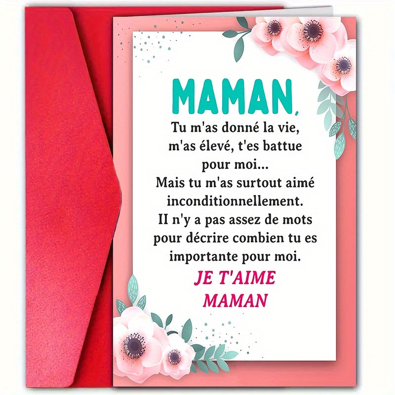 TEMU 1 carte d'anniversaire française avec enveloppe - "Maman, je t'aime, Maman", motif floral, convient pour mari, femme, ami et , d'anniversaire et