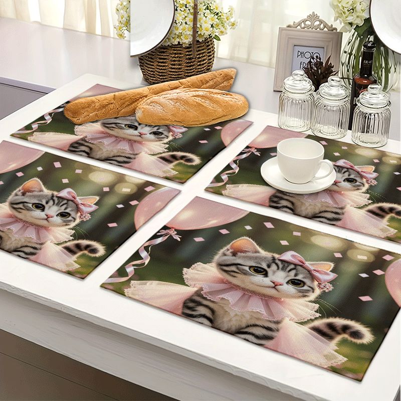 Lot de 1/4/6 sets de table rectangulaires - 30,48 x 45,72 cm - Sets de table rose chaton pour anniversaire avec motif 2D, sets de table en polyester résistant et lavable_voghion.com