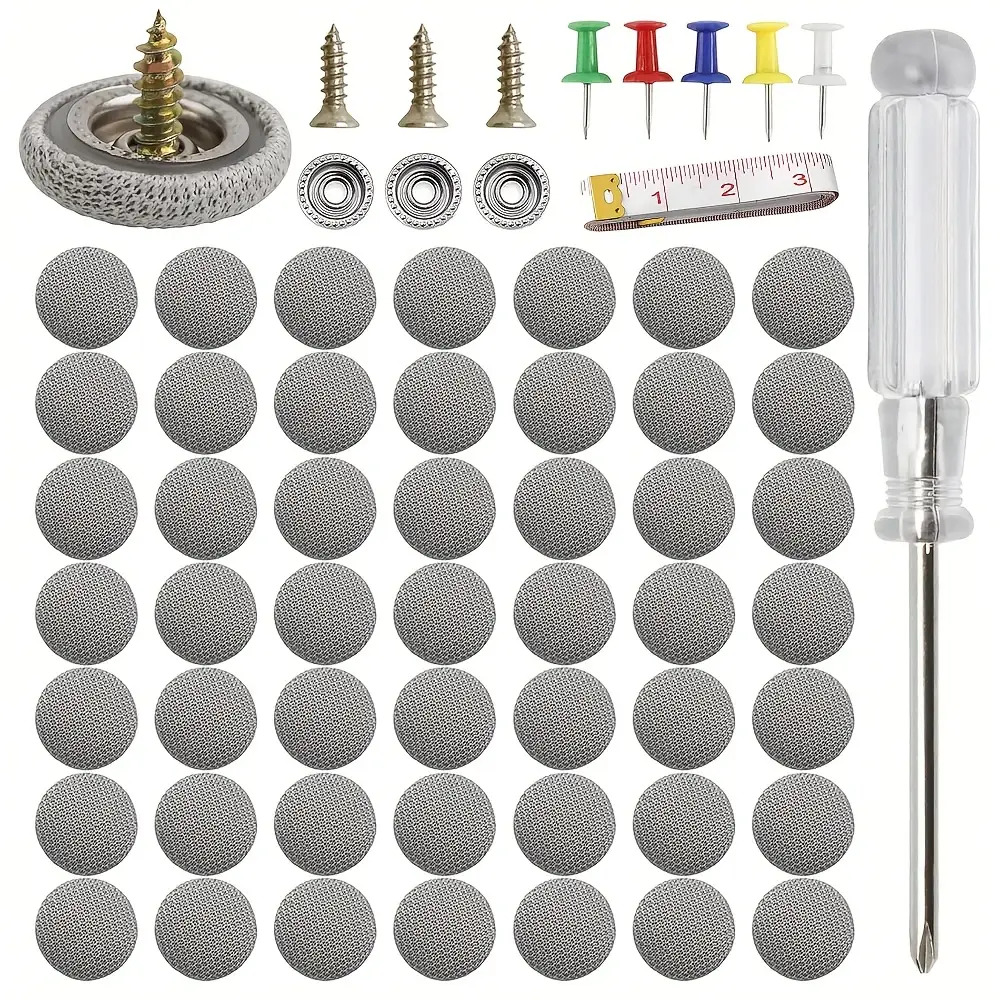 TEMU A Set Of 202pcs For Repairing Car , Including 50 Rivets And Buttons, Along With Tools For Installing Gray Grid Fabric On The Interior Ceiling.