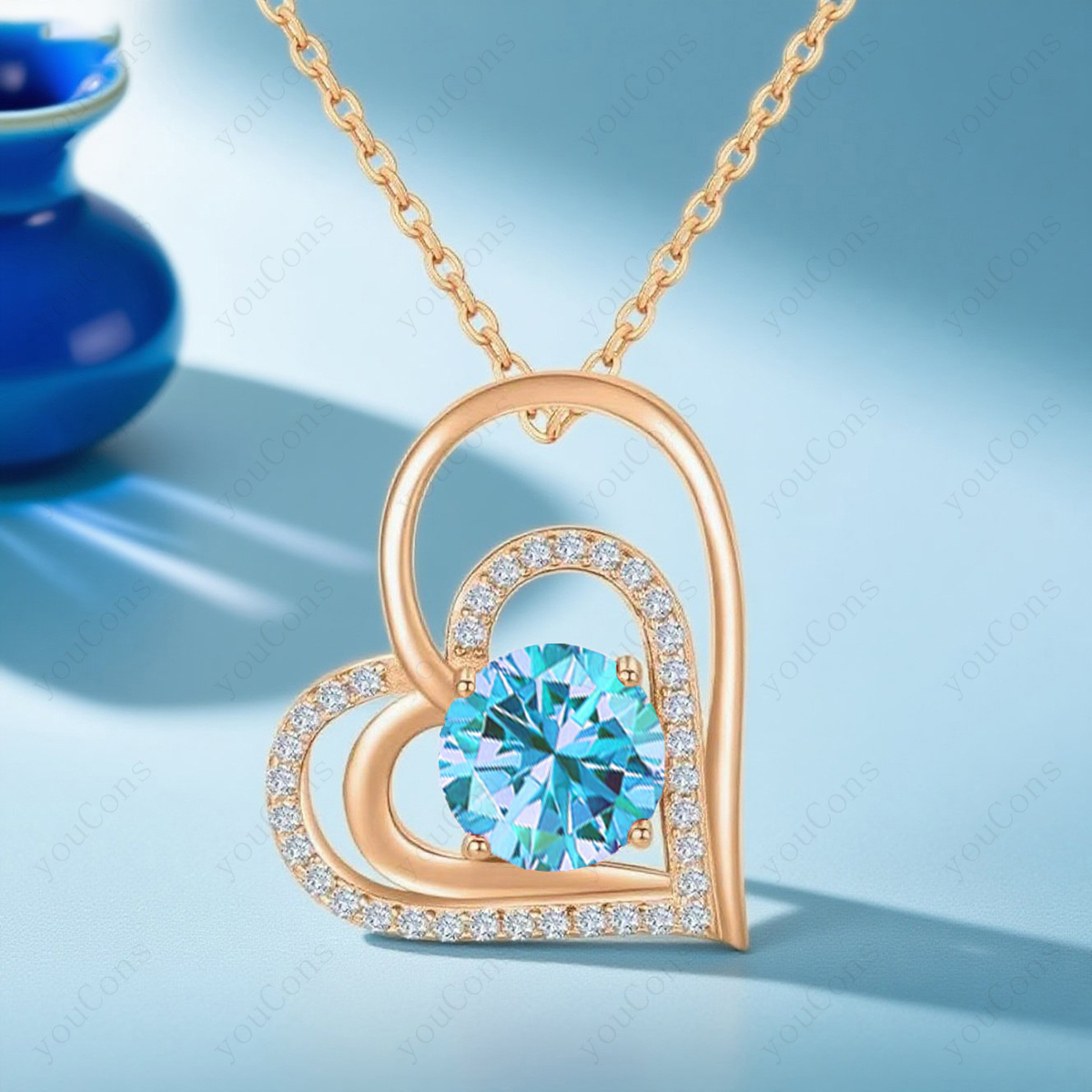 Luxury Light Blue Synthetic Zirconia Heart-Shaped Pendant Necklace
