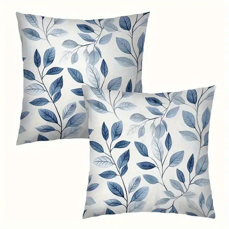 TEMU 2pcs Blue Minimalist Leaf Pattern Pillow Covers- Add Charm To - Double-sided Print Suitable For Sofas And Couches- Halloween And Christmas Party