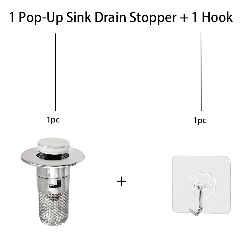 TEMU 2pcs-(1 Pop-up Sink Drain Stopper  1 Hook)stainless Steel Pop-up Sink Drain Stopper With Mesh Filter, Anti-clog Anti-odor Universal Fit Push