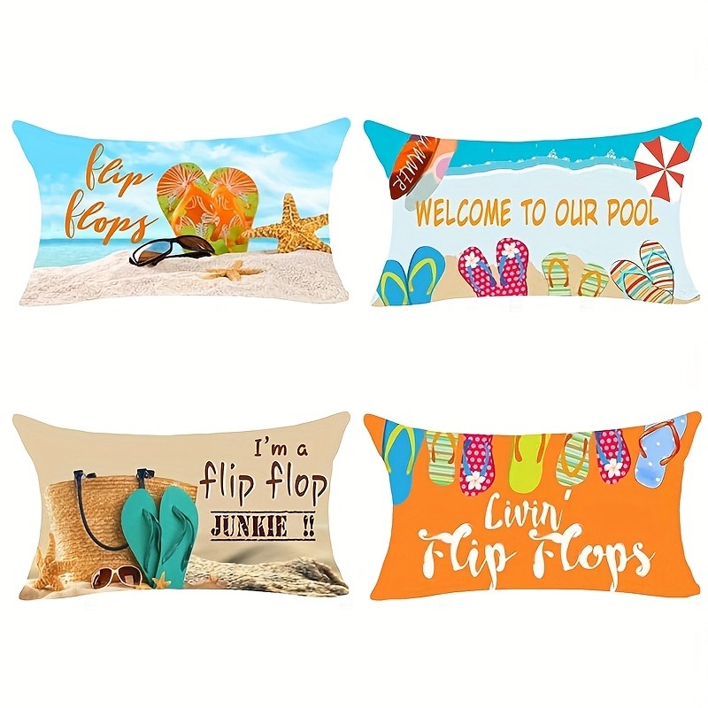 TEMU 4pcs Summer Beach Lumbar Pillow Covers - Vibrant Poolside And Coastal Patterns, Zippered Cushion Covers For Indoor/outdoor Decor, Tropical Style