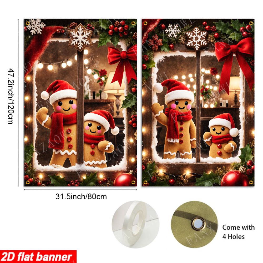 TEMU 2d Flat, 2pcs, 2d Flat Window Banner, Christmas Gingerbread For Man Decorative Window Hanging Cloth, Christmas Themed Decoration Hanging Cloth,
