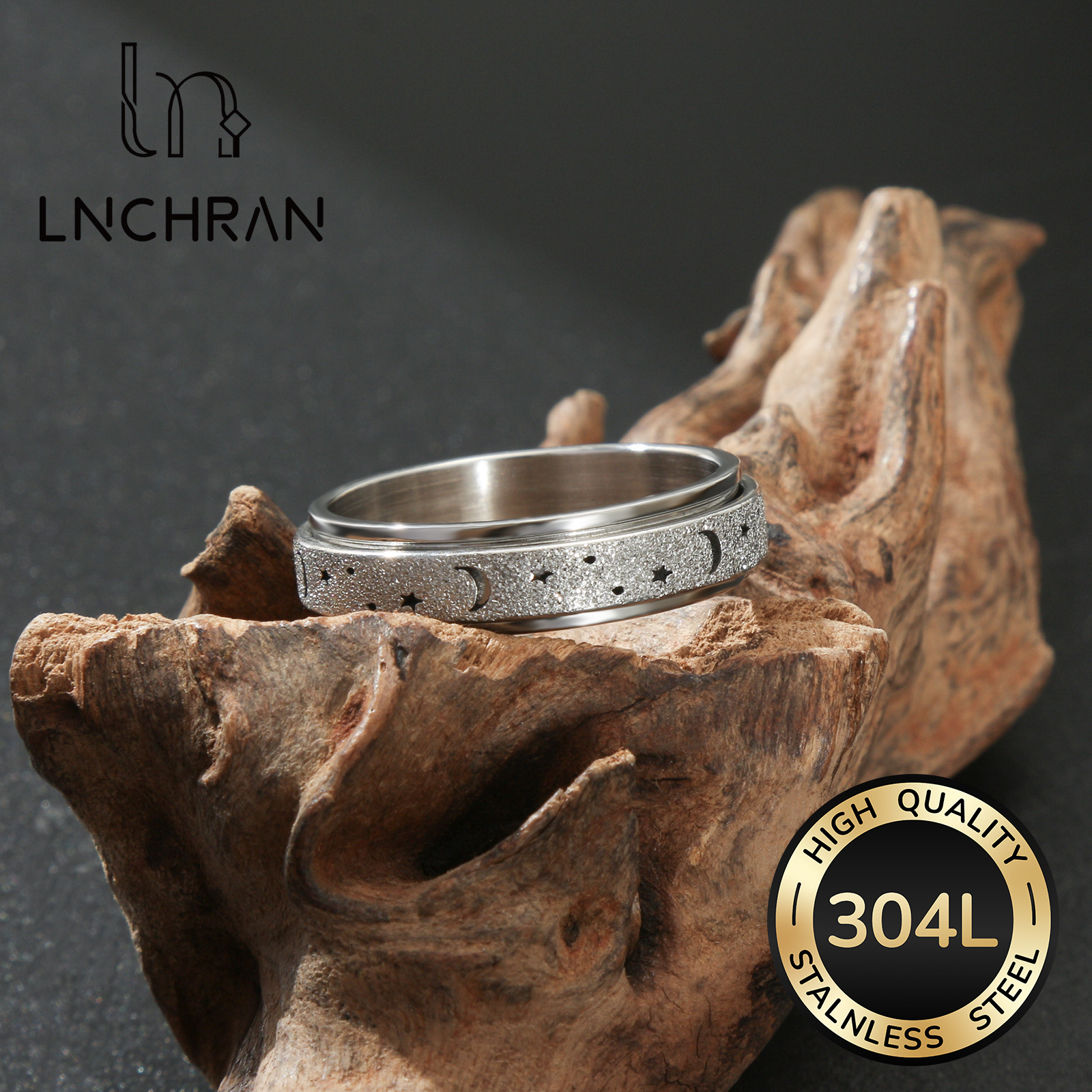 Image of 304l Stainless Steel Frosted Moon Star Spinner Fidget Ring Silvery Minimalist Retro Style For Men And Women Versatile Daily Jewelry Couplering