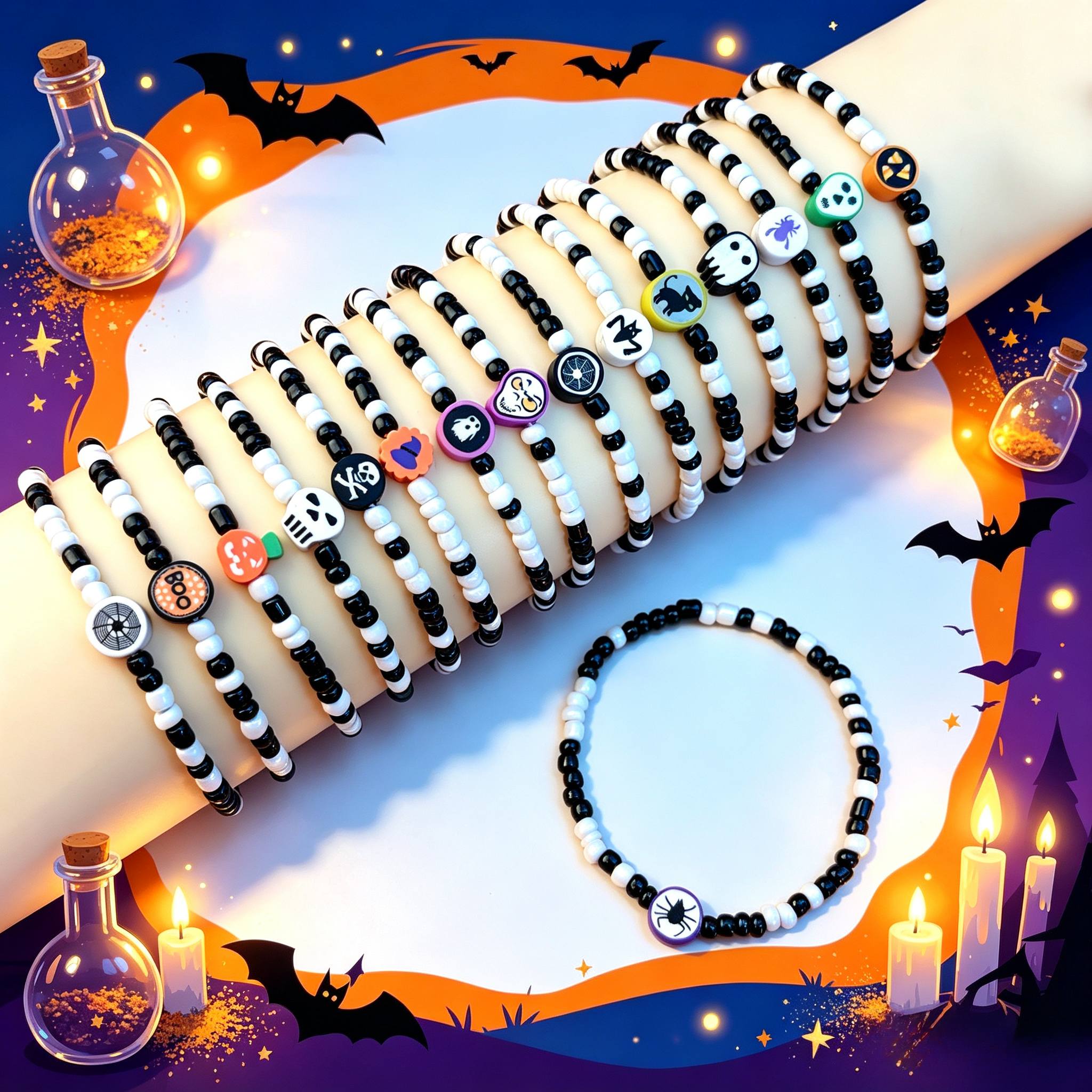 10pcs Retro Halloween Mixed Colors Rice Bead Bracelet Set