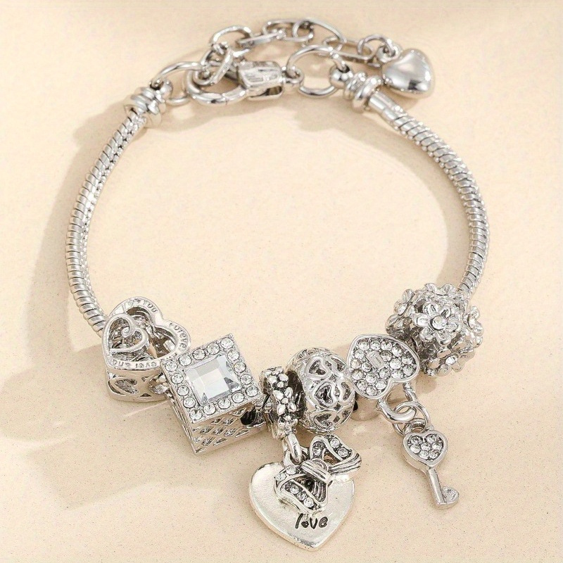 TEMU Elegant Stainless Steel Charm Bracelet With Heart& Key Charms- Versatile For & Special Occasions, Everyday Accessory||comfortable Wear