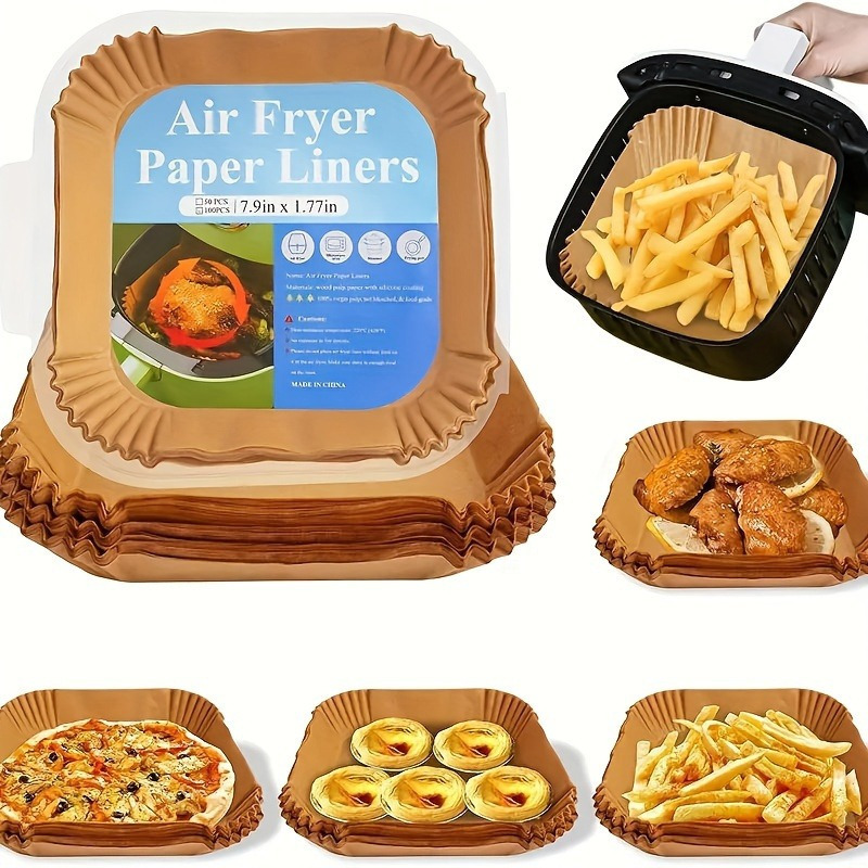 

50/ Pack 8-inch Square Air Fryer Paper Liners, Easy Clean Microwave Safe Baking Sheets, Carry Design For Home & Outdoor Cooking