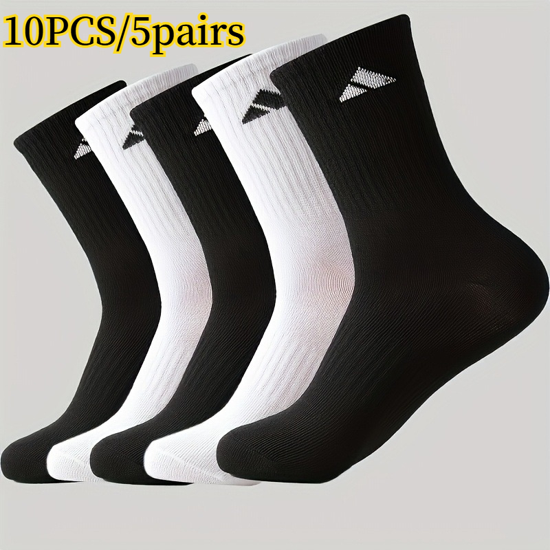 TEMU 10pcs/5-pair Unisex Mid-calf Socks, High-waist Long Sports Socks, Solid Color Simple Cuff Socks, Neutral Couple's Versatile Autumn/winter Street
