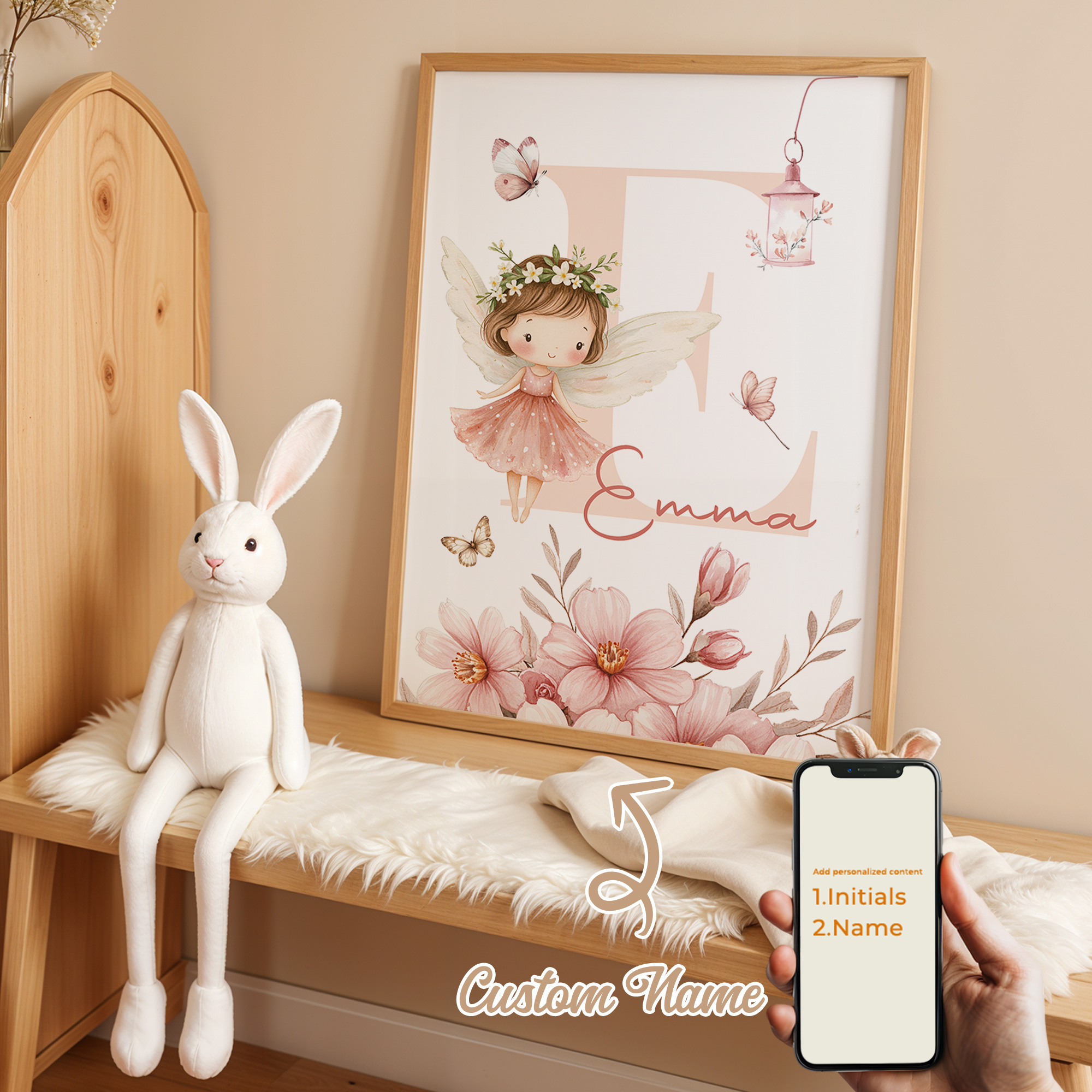 E-shop 2D Flach, 2D Flach, Ein personalisierter rosa Namensdruck, Wanddekoration mit individuellem Namenskunst, mit fliegenden Feen und Blumen für