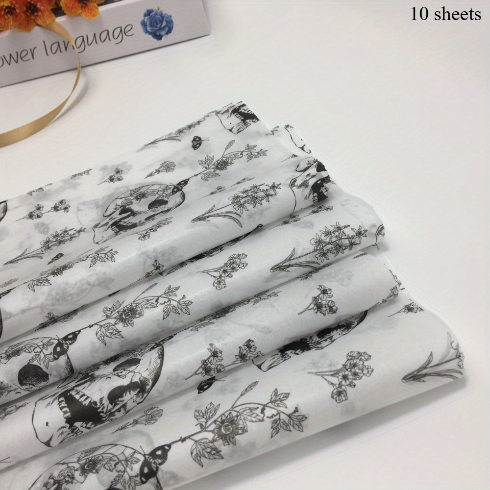 E-shop 10/50er-Pack Schwarzes Totenkopf-Blumen-Geschenkpapier-Set – Ideal zum Geschenke verpacken, Blumensträuße einpacken, Kleidung verpacken,