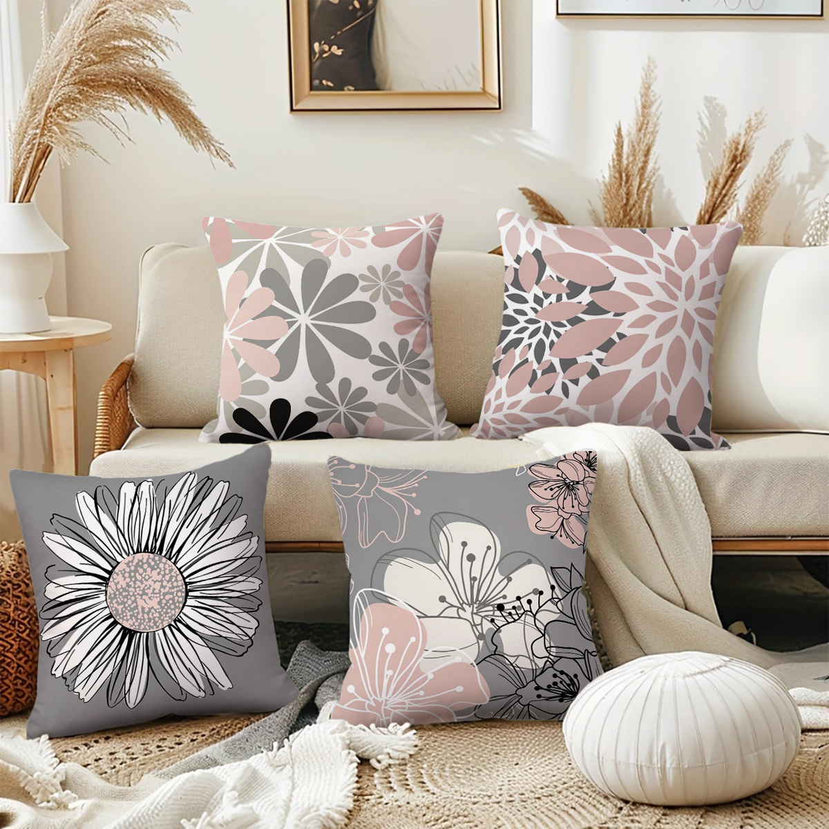 E-shop Vierer-Set, geeignet für elegante frische Feiertagsdekoration. Kissenbezüge mit Blumenmotiv in Rosa Grau, Kissenhüllen mit geometrischem