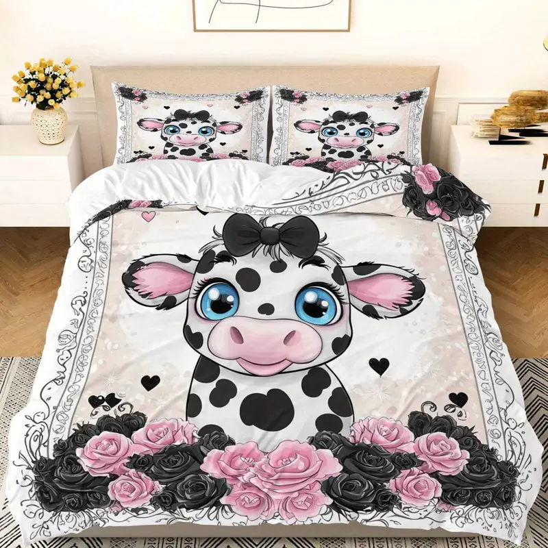 3pcs duvet cover set, 1 duvet+2 pillowcases(without filler), rose cow pattern theme, valentine s bedding set, elegant romantic suitable for decoration bedroom guestroom wedding room , holiday decoration, , stylish duvet, romantic theme, durable cover, textile, pillowcase set, decorative bedding, , couples gift Product details 0