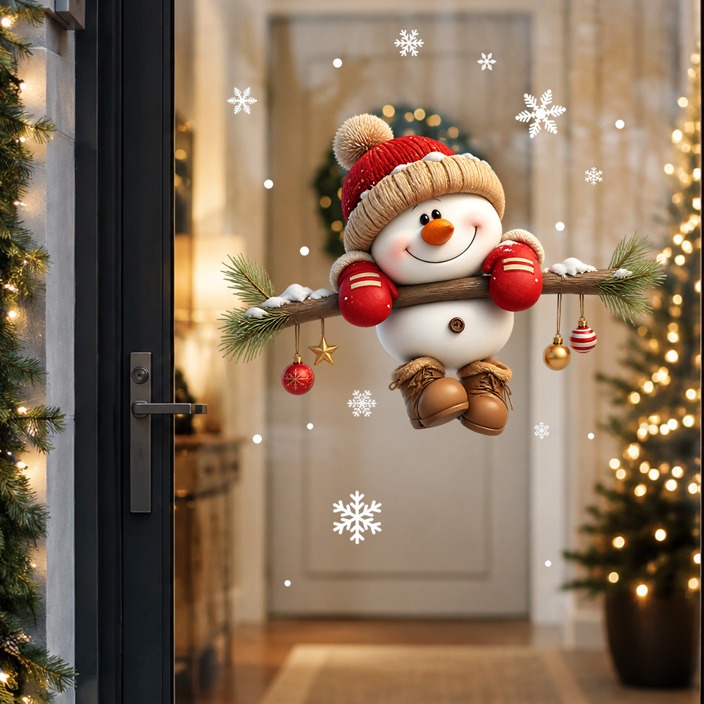 TEMU 1set Christmas Hanging Pine Branch Peeking Cute Snowman Window Stickers, 1pc Double-sided Red-clothed Santa, Reindeer Snowman And Winter Pine