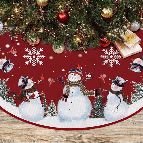 snowman christmas tree skirt 24 36 48 inch red background with snowflakes winter xmas mat for home church decor indoor outdoor