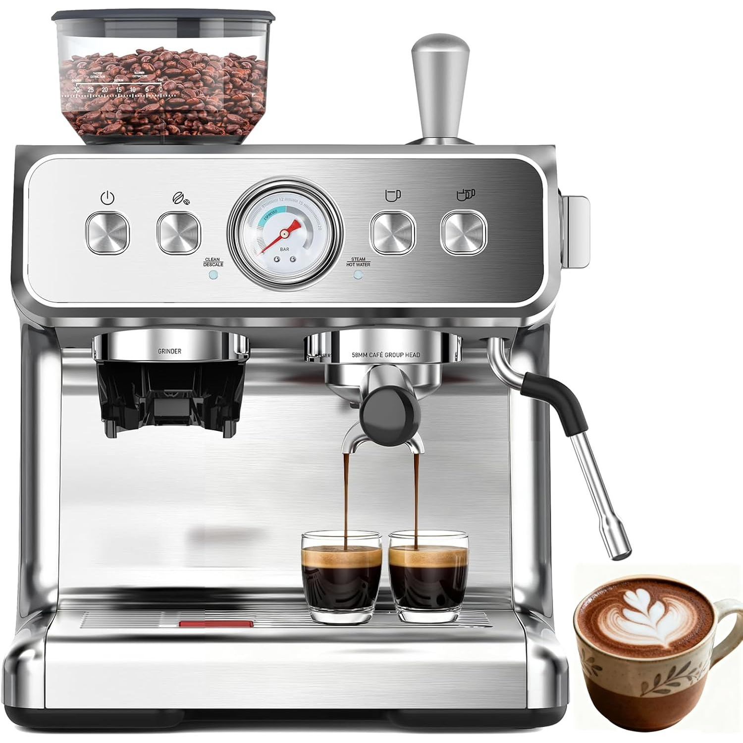 Espresso Machine With Grinder, Professional Coffee Maker For Latte & Cappuccino With Milk Frother & Steam Wand, Removable Water Tank For Home