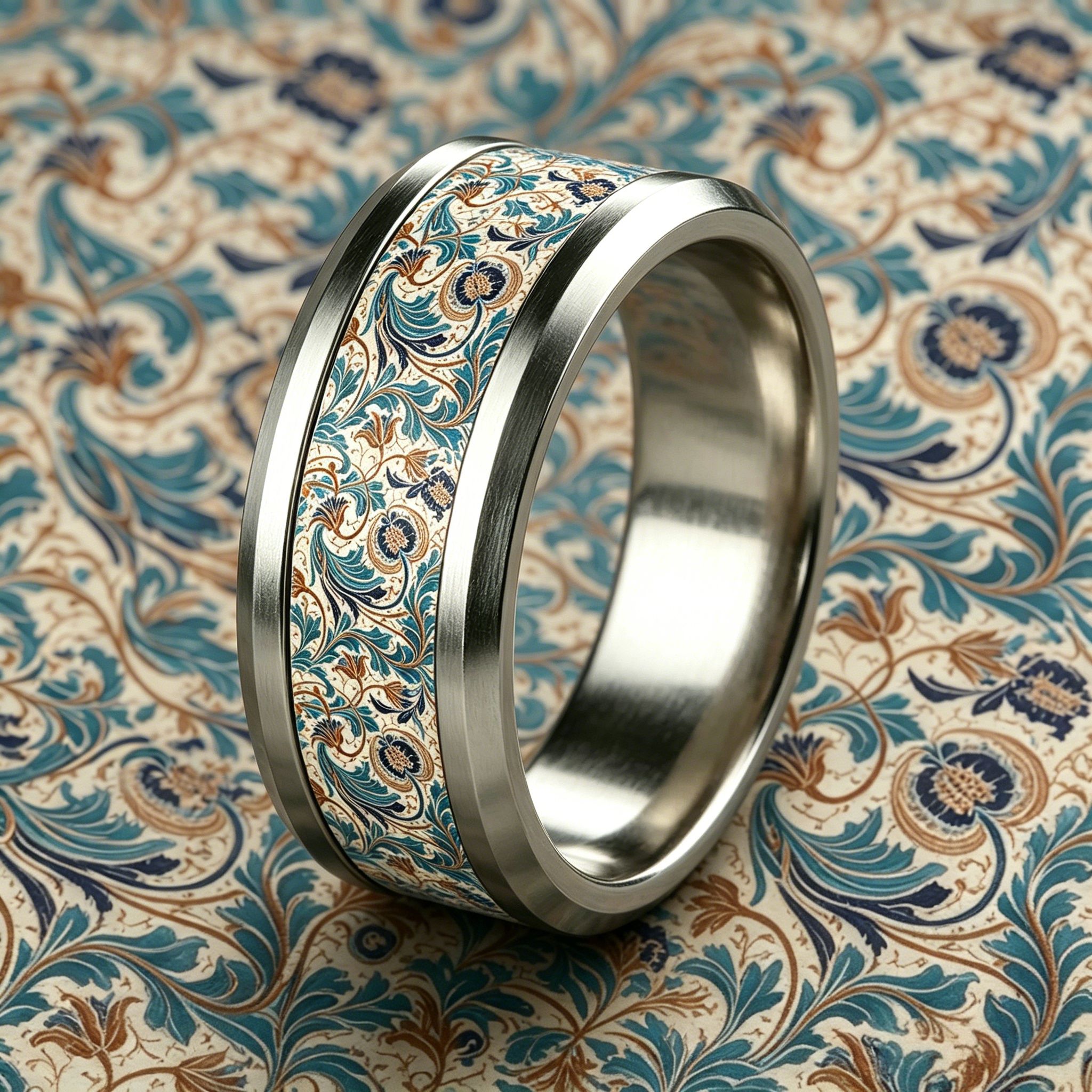 Light Blue Brown Morris Vintage Leaf 304 Stainless Steel Ring
