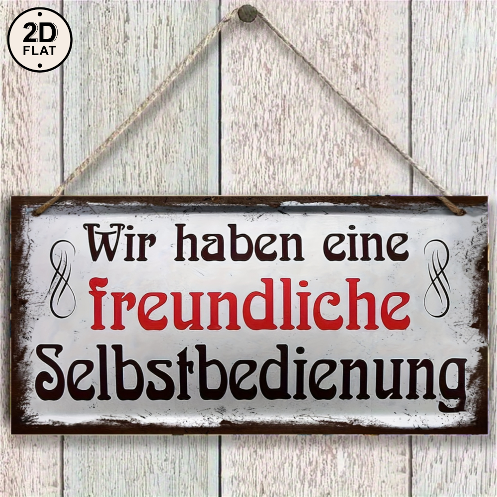 Image of 2d Flat - Rustic Wooden Hanging Plaque White With Black And Red German Text Wir Haben Eine Freundliche Selbstbedienung For Kitchen Decor 2d Flat