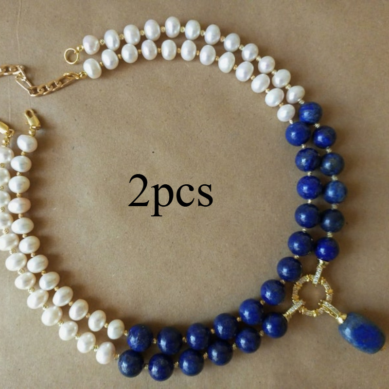 TEMU Unique And Elegant Handmade And Pearl Necklace Set Of 2 Cubic Zirconia Blue Natural Stone Jewelry Women's Gift Accessories