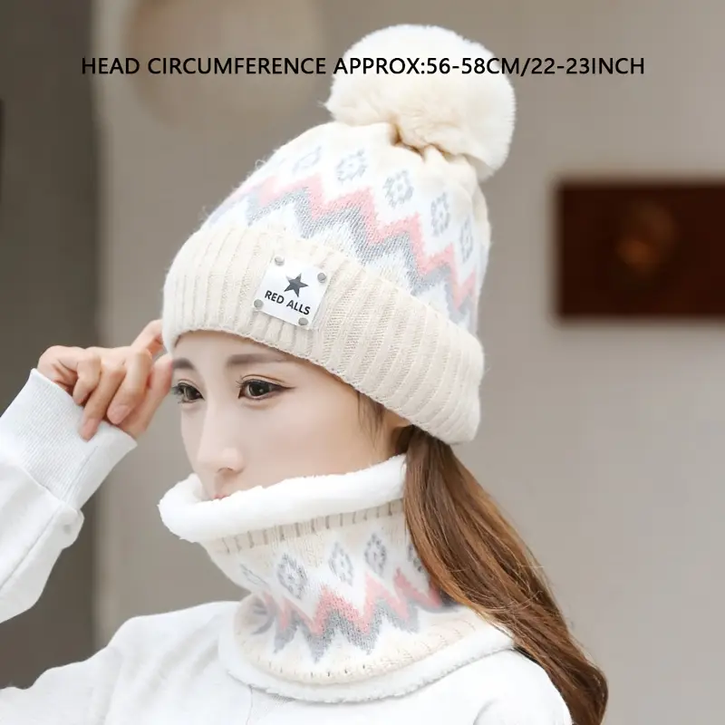 2pcs winter womens winter hat and scarf set star decoration pink and white striped hat soft fleece beige pink white grey black elastic comfortable fleece lining suitable for skiing cycling daily cold weather multifunctional hat winter scarf set winter hat for women hat scarf set fall winter hats women Product details 2