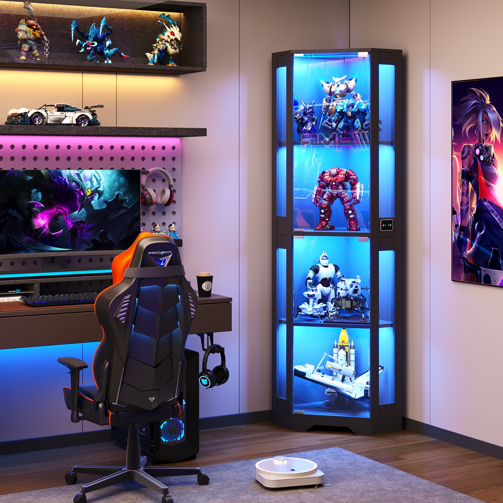 TEMU Vitrine d'angle en verre 1 pièce blanche - Vitrine à une porte avec lumières LED et détecteur de mouvement - Étagère de rangement à 4 niveaux