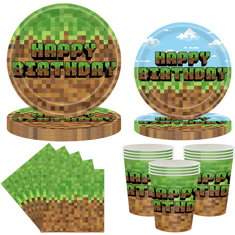 60pcs Green Pixel Set, Pixel Plates Napkins Paper Cups, Birthday Tableware For Party Decoration Celebration I Halloween I Navidad