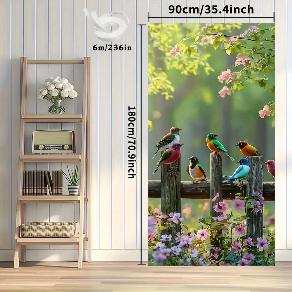 TEMU 2d Flat, 2d Door Banner, 1pc 2d Birds On Floral Fence Door Banner - Vibrant Multicolor With Pink Flowers & Green Foliage, Detachable Polyester