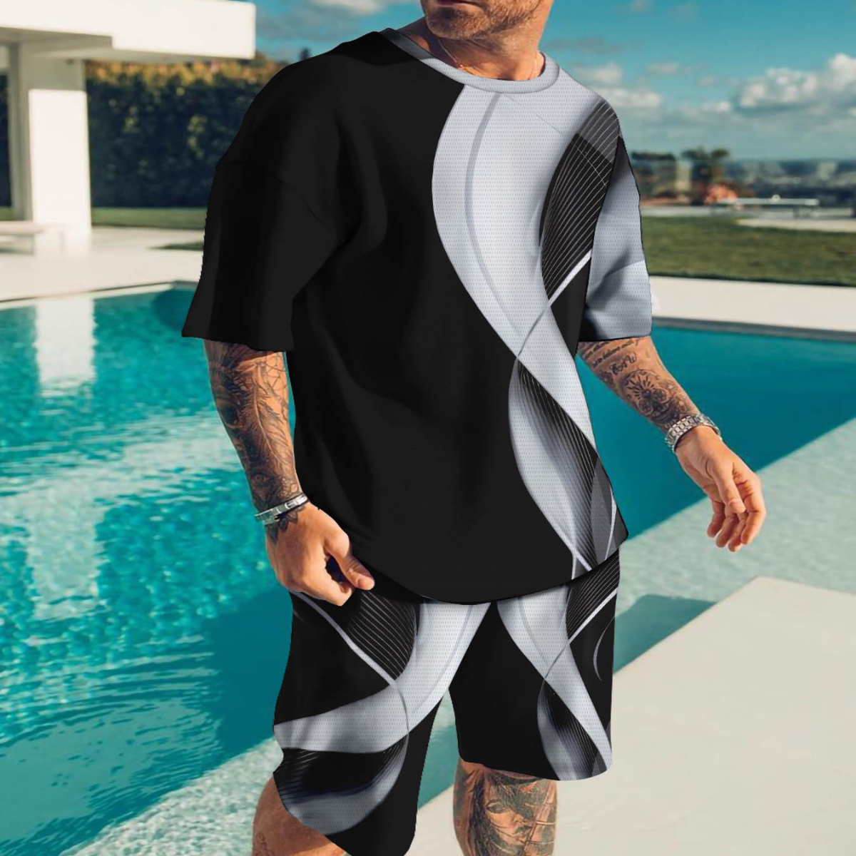 

Men's Casual 3d Print Short Sleeve T-shirt & Shorts Set, Polyester Breathable Summer Outdoor Wear