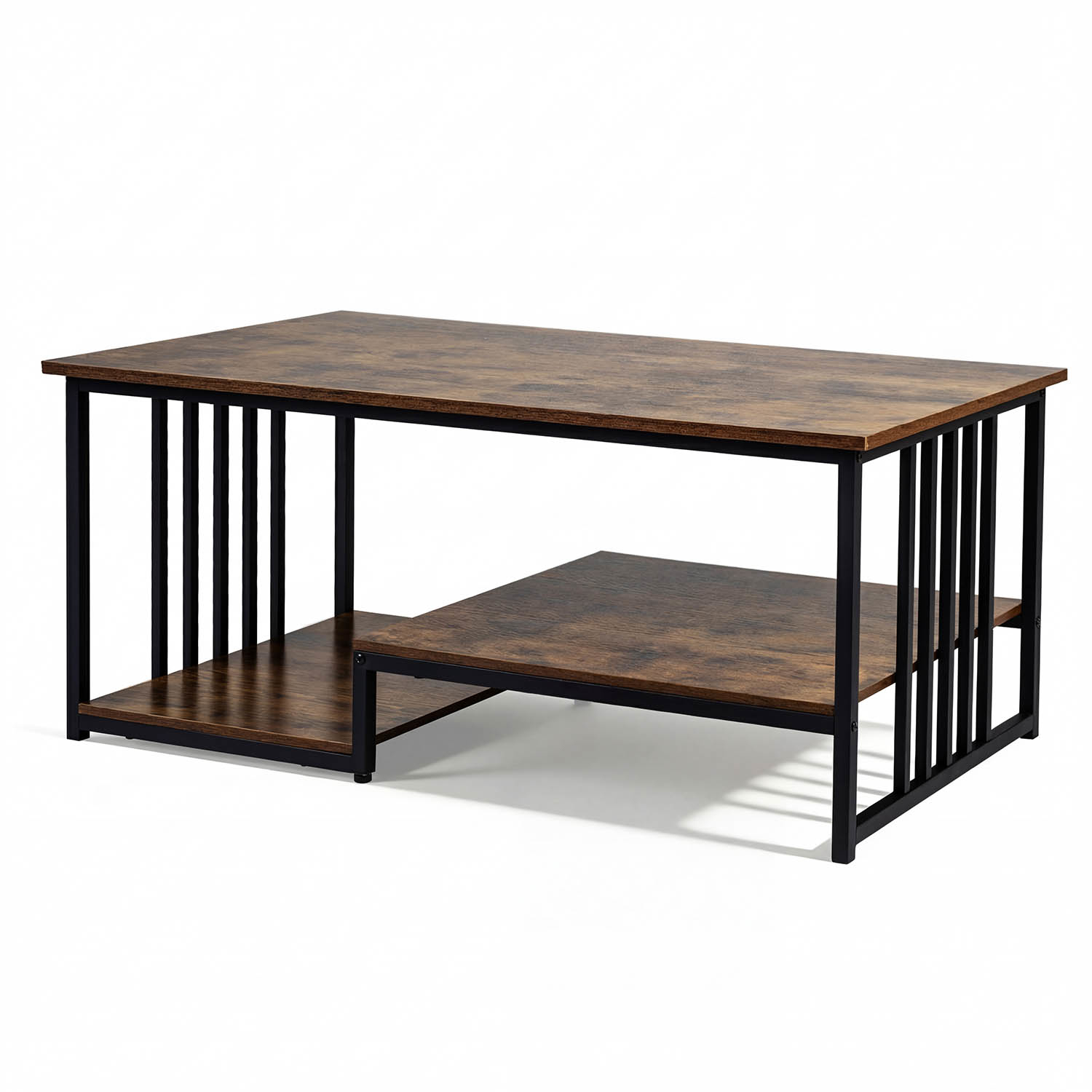 Image of Coffee Table, Rectangular Center Table With 2 Storage Shelves And Heavy-duty Metal Frame, Modern Accent Table, Cocktail Snack Table For Living Room Lounge, 110 X 60 X , Rustic Brown