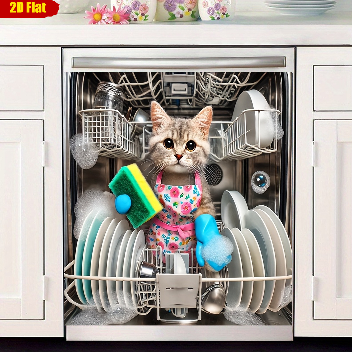TEMU 1pc Of 2d Flat Home Decoration, Featuring Cat-themed Wall Stickers. Self-adhesive Pvc Decals Are Ideal For Dishwashers, Washing Machines, And