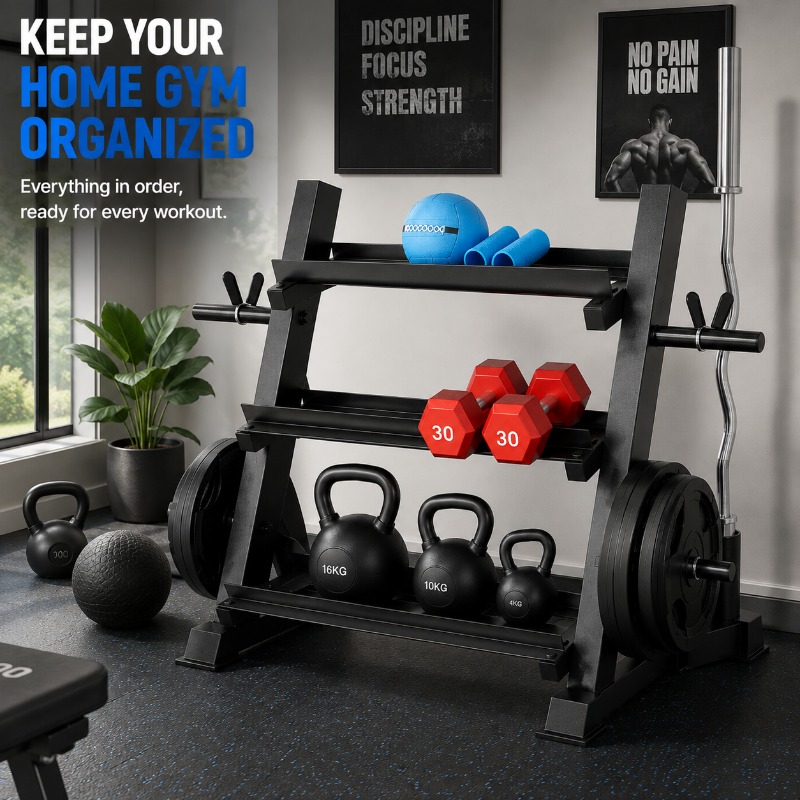 Image of Heavy-duty 3-tier Fitness Equipment Storage Rack - 1, 102 Lb (500kg) Capacity - Multifunctional Rack For Dumbbells, Kettlebells, And Barbells - Space- Home Gym Storage Stand (rack Only)