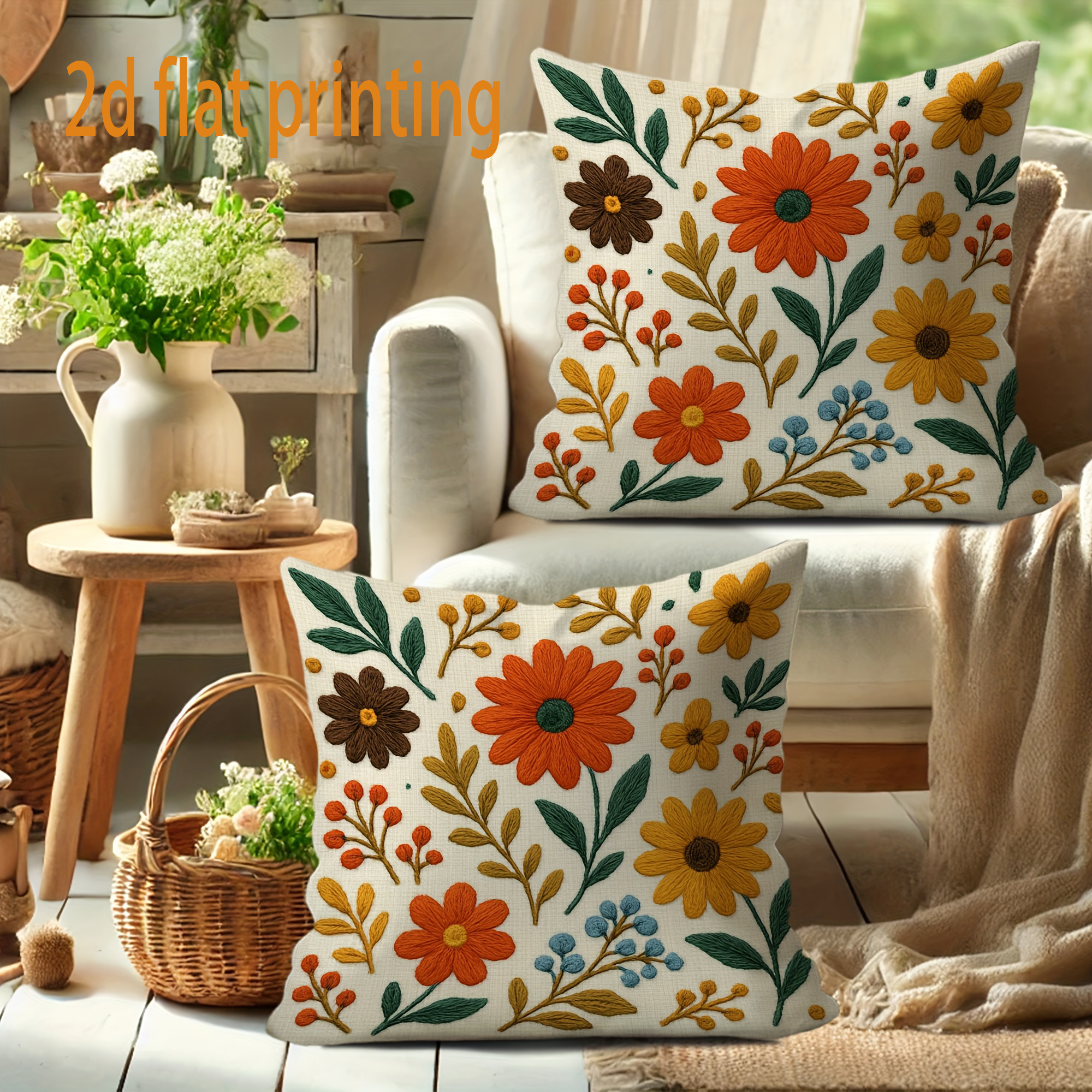 TEMU Lot de 2 taies d'oreiller plates 2D à motif floral style Ins, impression plate 2D, pour décoration de , en durable, pour housses de coussin de
