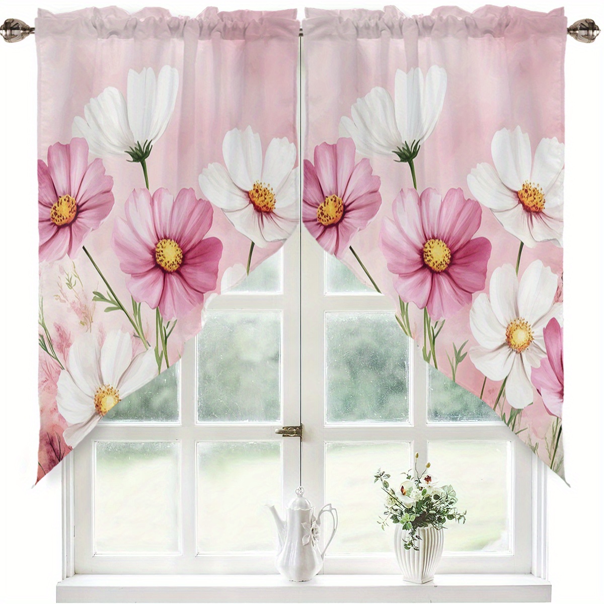 TEMU 2er-Set kleine Polyester-Vorhänge mit rosa Farbverlauf, rosa und weißes Kosmos-Blumenmuster im Frühlingsdreieck-Stil, Küchenvorhänge,